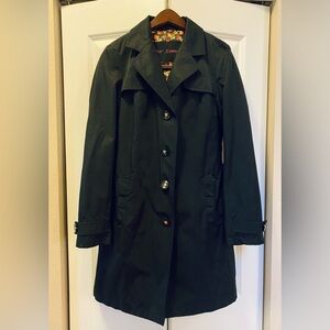 Betsey Johnson Trench Coat Black Satin Lined Flowers Pink Roses Heart Buttons S